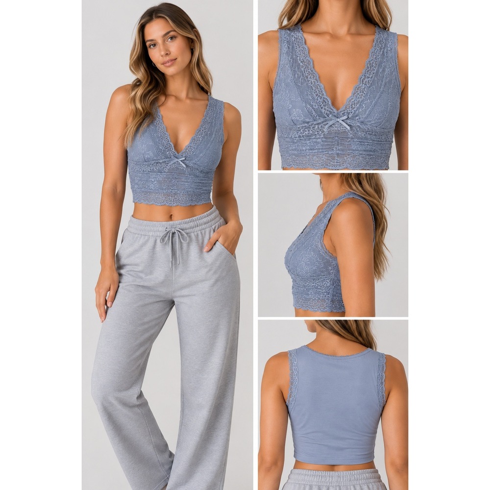 Cider Womens S Light Blue Lace Trim V Neck Crop Top Sleeveless